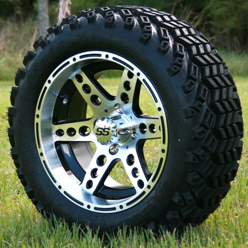 14″ DOMINATOR MACHINED/ BLACK WHEELS AND 23X10-14″ DOT ALL TERRAIN TIRES COMBO – SET OF 4