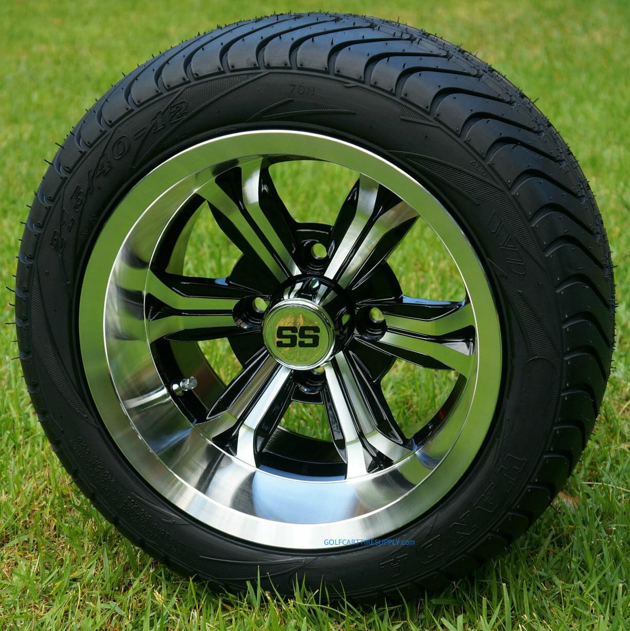 12″ TRANSFORMER MACHINED WHEELS AND 215/50-12″ COMFORTRIDE DOT GOLF CART TIRES – SET OF 4